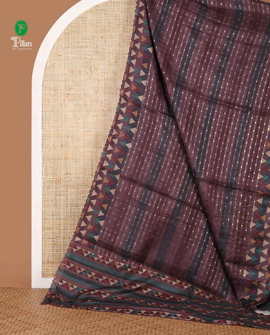 Wine zari dobby-style buttas semi-tusser saree,multi-color triangle motif printed scallop border & pallu with zari striped blouse