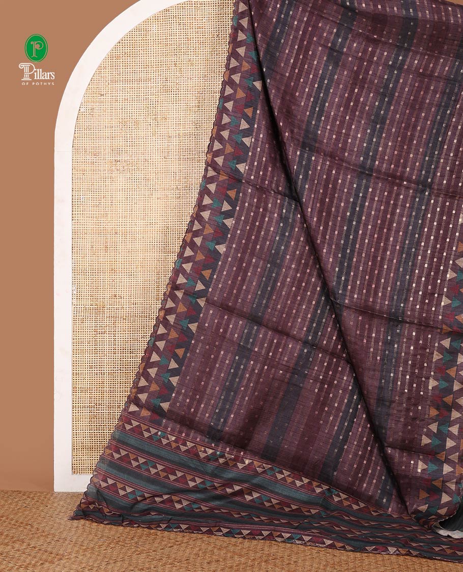 Wine zari dobby-style buttas semi-tusser saree,multi-color triangle motif printed scallop border & pallu with zari striped blouse