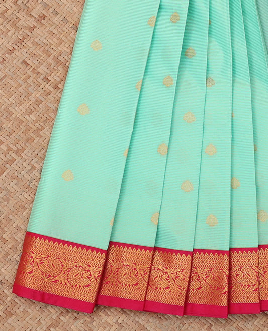 Turquoise Budget Silk Saree, Crafted with Stripes and Zari Buttas, a Contrast Traditional Zari Border, Grand Pallu, and a Contrast Blouse