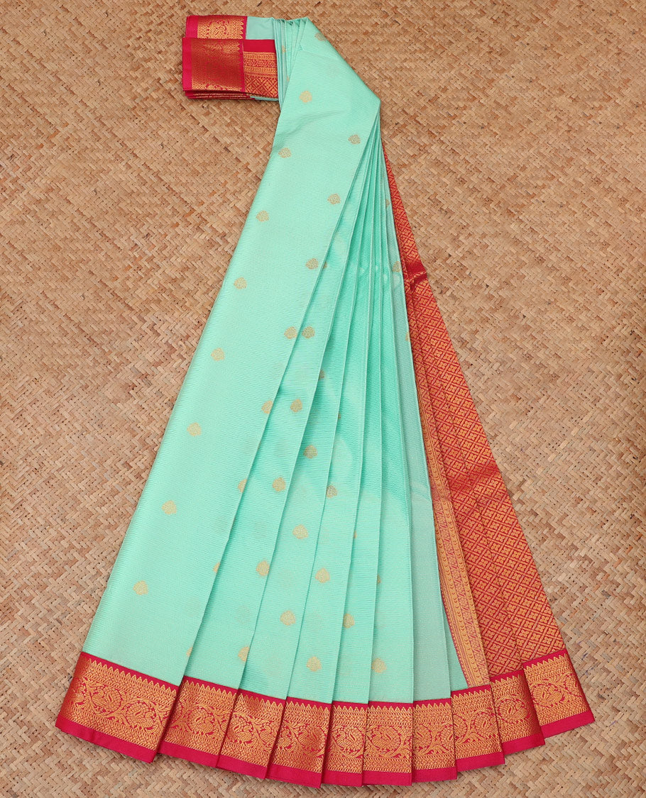 Turquoise Budget Silk Saree, Crafted with Stripes and Zari Buttas, a Contrast Traditional Zari Border, Grand Pallu, and a Contrast Blouse