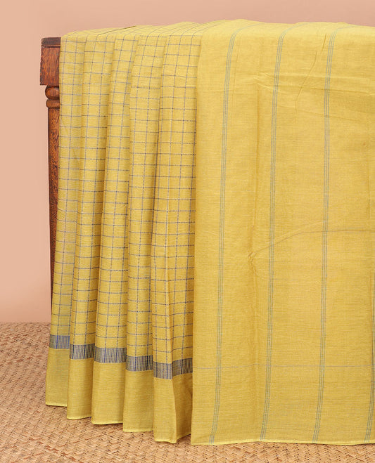 Mustard checked chettinad cotton saree with self plain border & striped pallu