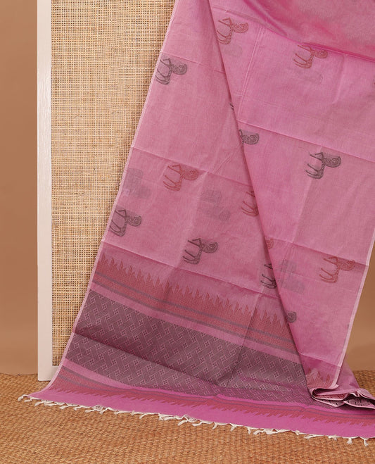 Borderless pink horse motifs Coimbatore cotton saree, self-pallu of jaal design