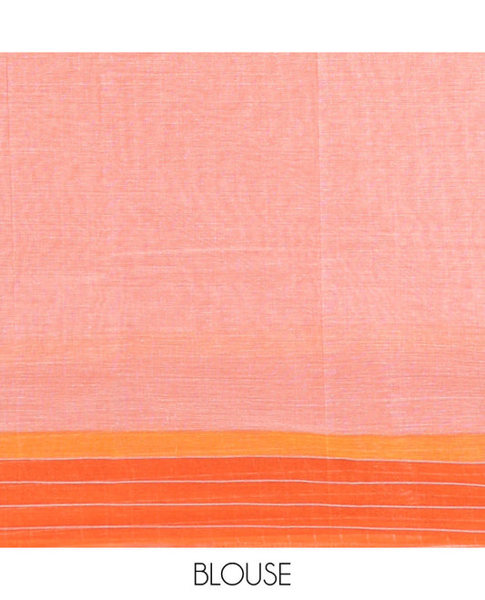 Peach striped Chirala cotton saree, contrast checked border & striped pallu