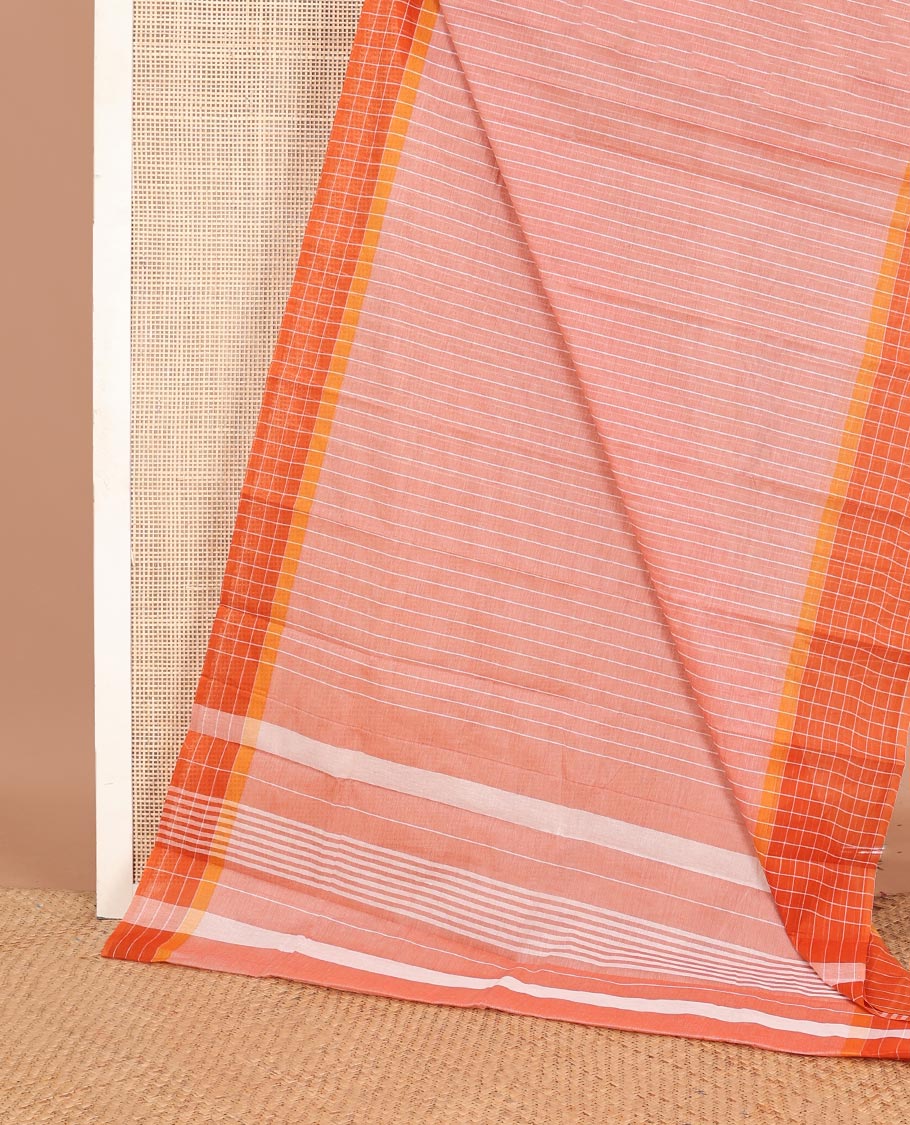 Peach striped Chirala cotton saree, contrast checked border & striped pallu