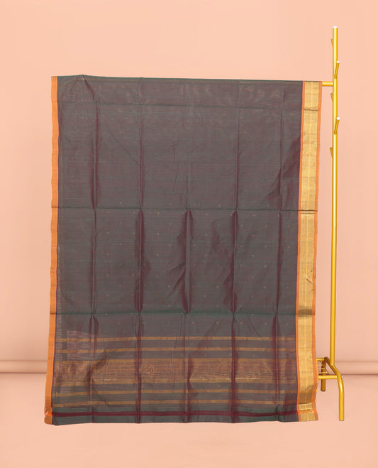 Green Venkatagiri Cotton Saree Prettified with Buttas, a Contrast Zari-Thread Border, Pallu of Stripes, and No Blouse