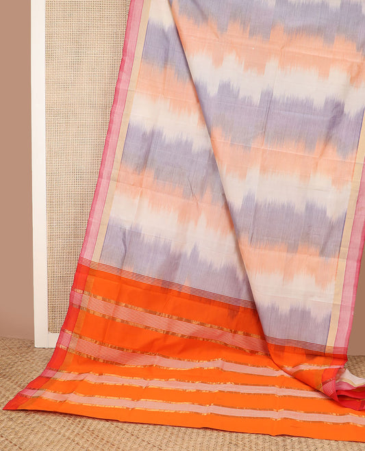Multi-color ikkat design poly cotton saree, striped border & contrast green zari striped pallu