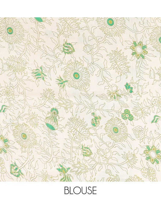 Green intricately machine-printed kalamkari cotton saree, self-border & contrast pallu of floral print