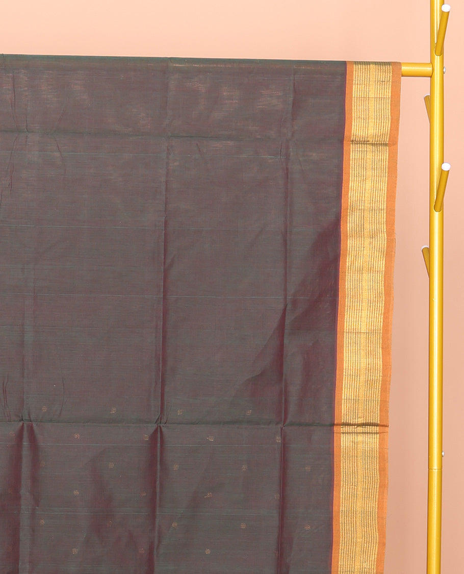 Green Venkatagiri Cotton Saree Prettified with Buttas, a Contrast Zari-Thread Border, Pallu of Stripes, and No Blouse