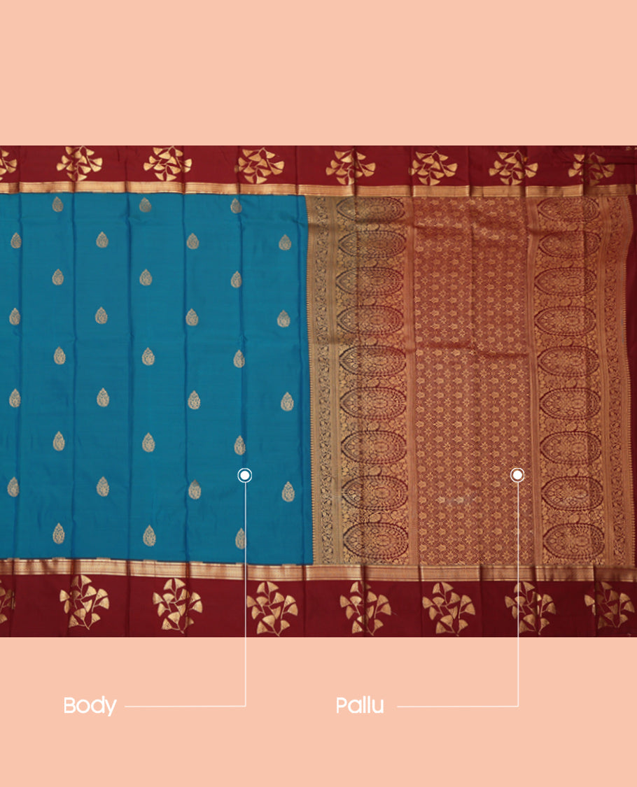 Blue Budget Silk Saree, Highlighted with Zari Buttas, Complemented by a Contrast Traditional Zari Border, Grand Pallu, and a Contrast Blouse