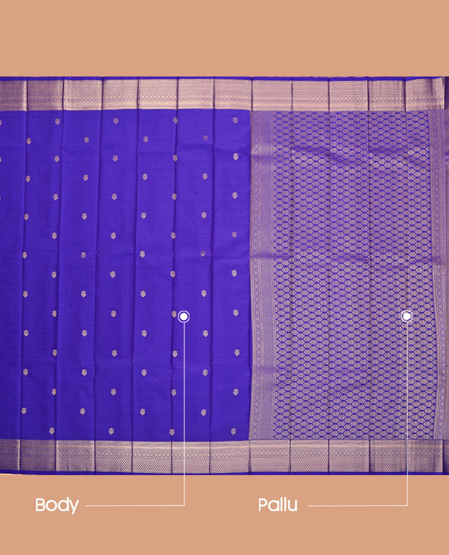 Royal Blue Budget Silk Saree, Ornamented with Zari Buttas, Highlighted by a Traditional Zari Border, Intricate Pallu, and a Matching Blouse