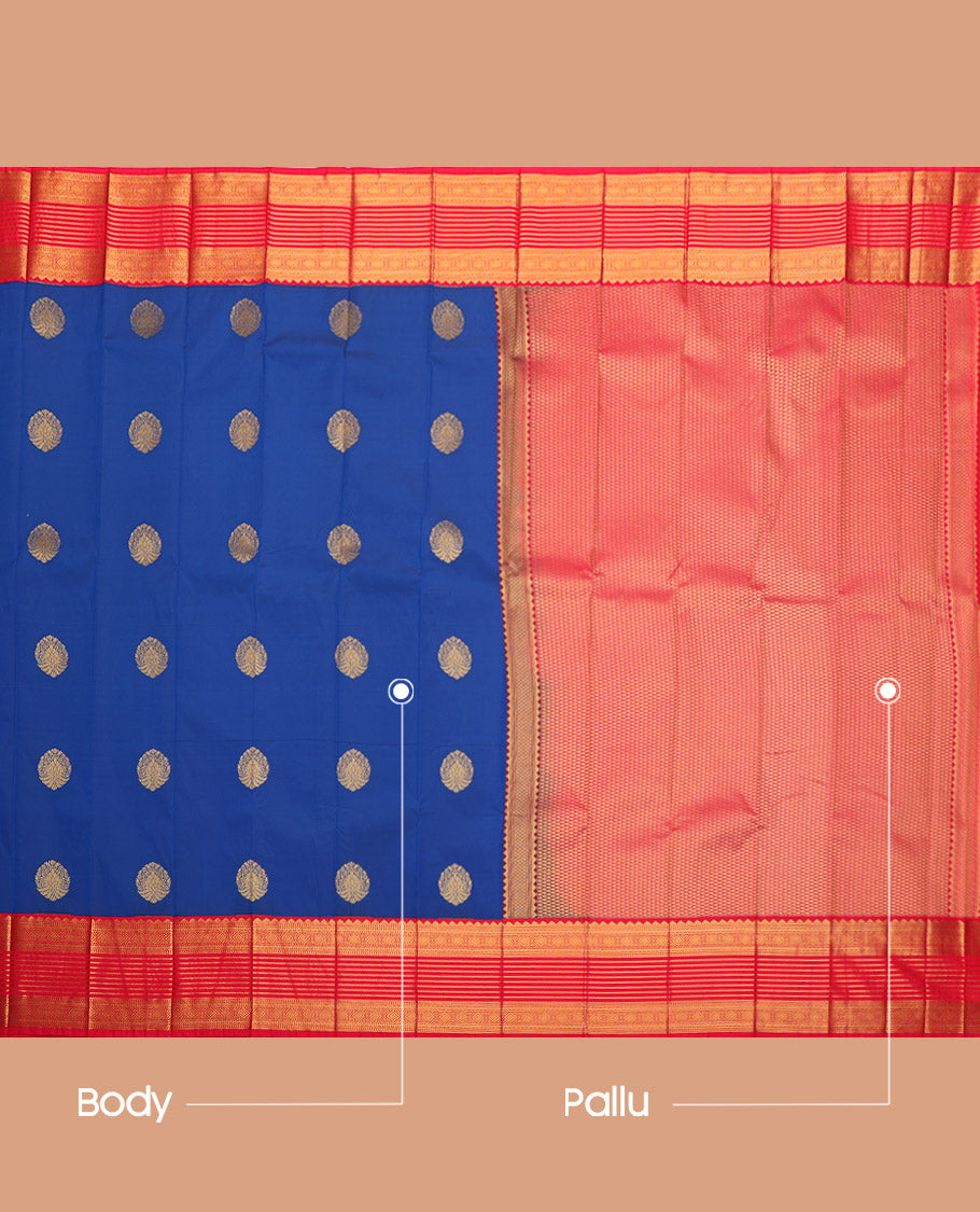 Blue Budget Silk Saree, Woven with Zari Buttas, Complemented by a Contrast Traditional Zari Border, Grand Pallu, and Contrast Blouse