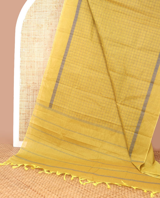 Mustard checked chettinad cotton saree with self plain border & striped pallu