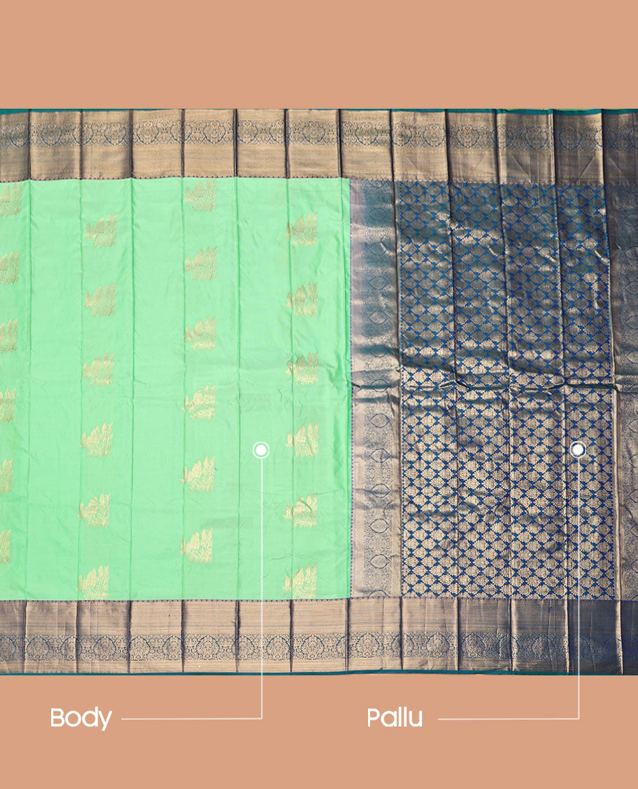 Green Budget Silk Saree, Embellished with Zari Buttas, Complemented by Contrast Traditional Zari Border, a Grand Pallu and a Contrast Blouse