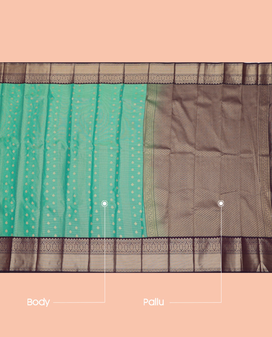 Green Budget Silk Saree, Elevated with Zari Buttas and Checks, Complemented by a Contrast Traditional Zari Border, Grand Pallu, and a Contrast Blouse