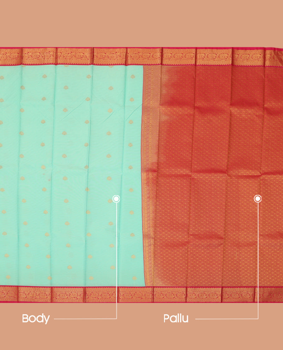 Turquoise Budget Silk Saree, Crafted with Stripes and Zari Buttas, a Contrast Traditional Zari Border, Grand Pallu, and a Contrast Blouse