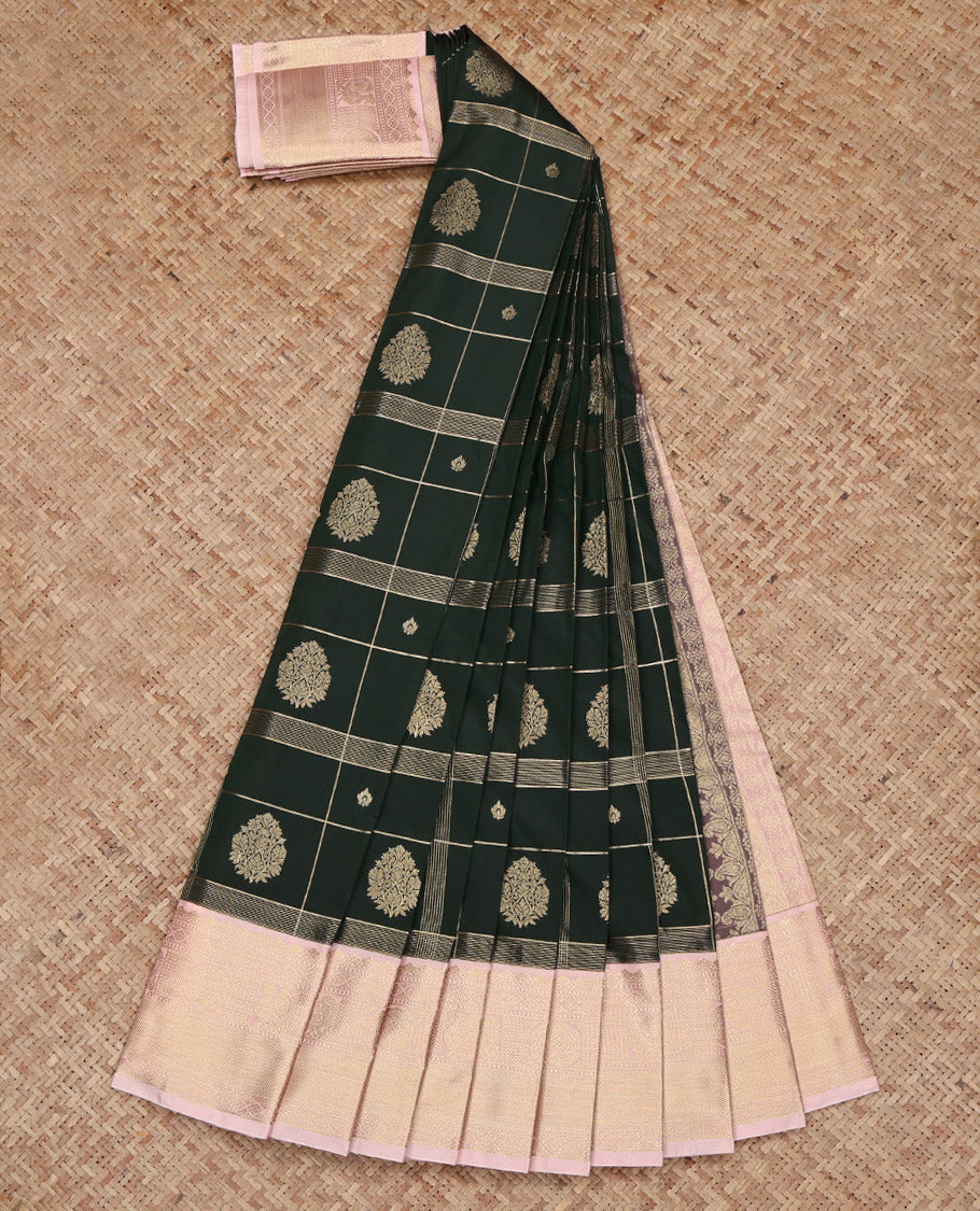 Green Budget Silk Saree, Richly Detailed with Zari Butta Enclosed Checked Design on Its Body, Complemented by a Contrast Traditional Zari Design Border, Grand Pallu, and Paired with a Contrast Blouse