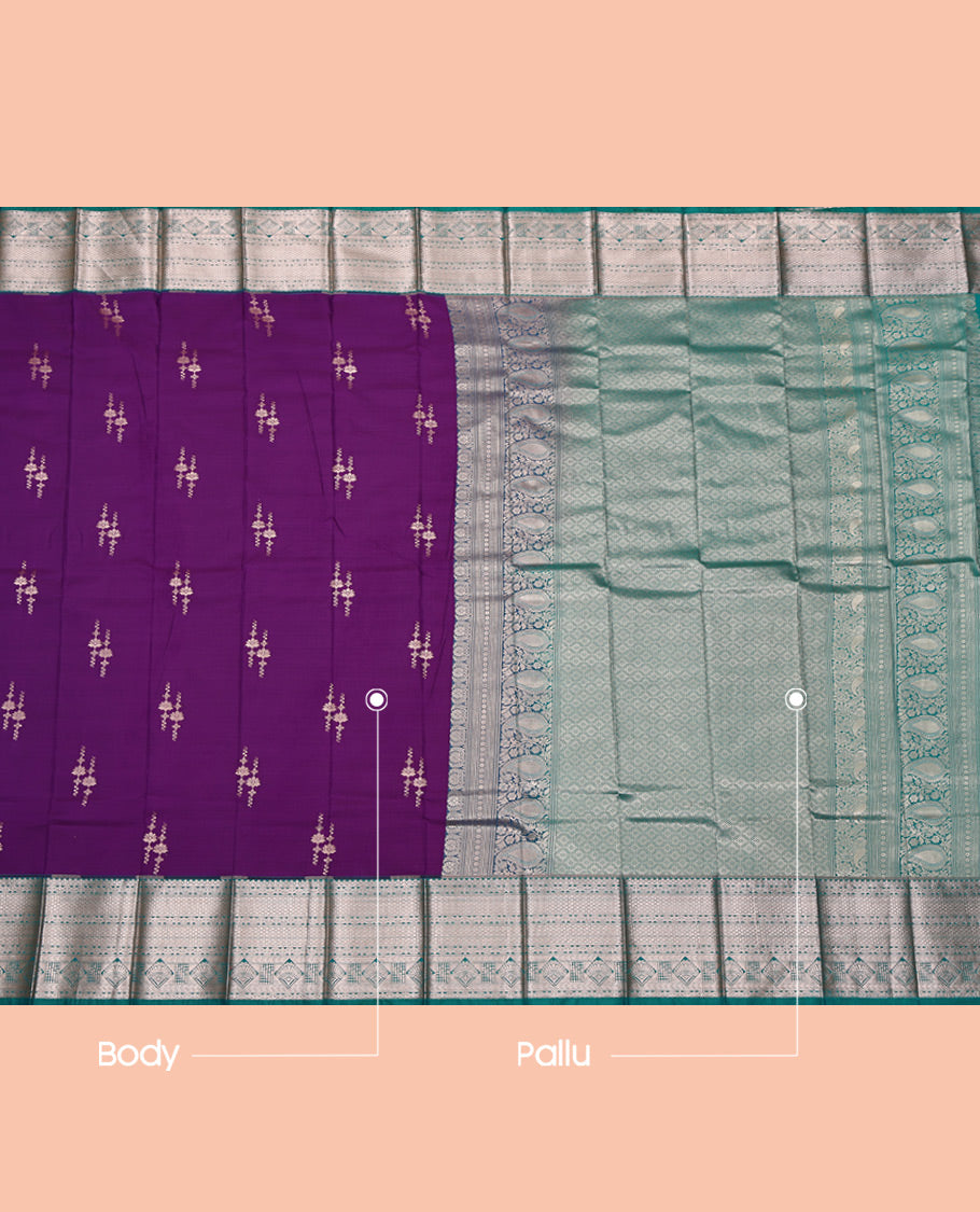 Purple Budget Silk Saree, Beautified with Zari Buttas All Over Its Body, Complemented by a Contrast Traditional Zari Design Border, Grand Jaal Pallu, and Paired with a Contrast Blouse