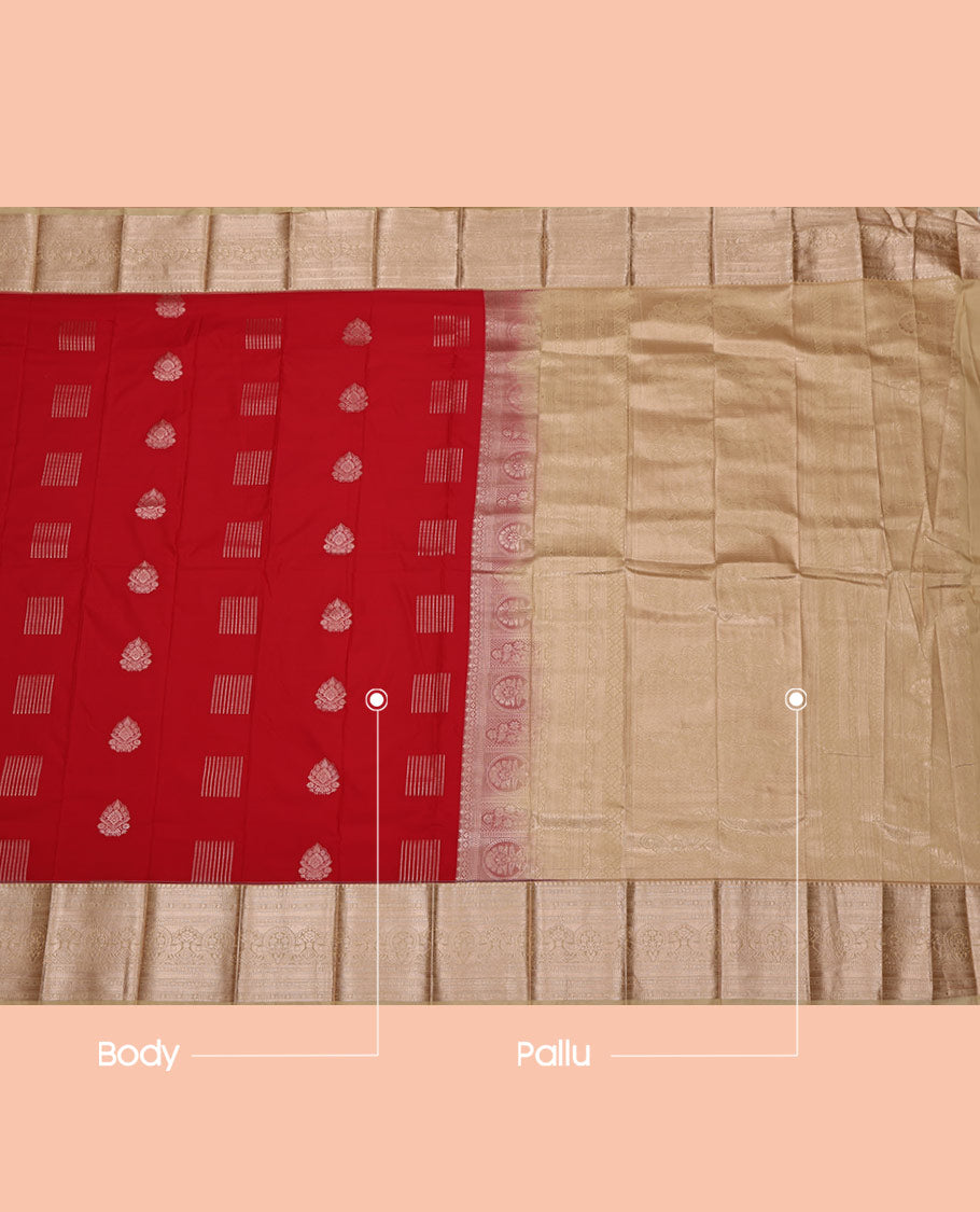 Red Budget Silk Saree, Detailed with Zari Buttas on Its Body, Complemented by a Contrast Traditional Zari Design Border, Intricately Designed Pallu, and Paired with a Contrast Blouse
