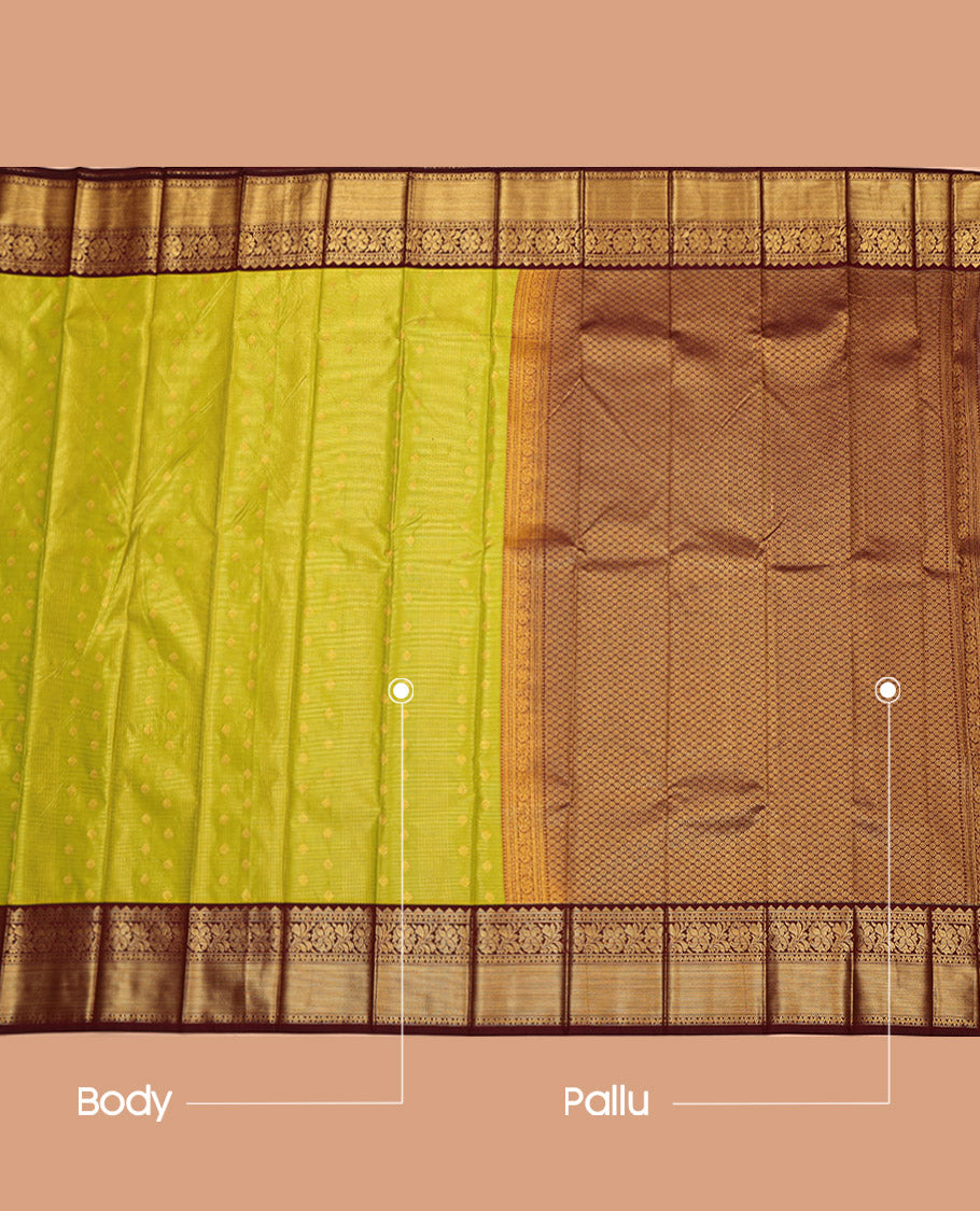 Green Budget Silk Saree, Sparsely Threaded with Zari Buttas and Stripes on Its Body, Complemented by a Contrast Traditional Zari Design Border, Grand Jaal Pallu, and Paired with a Contrast Blouse