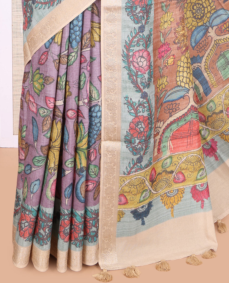 Violet Kalamkari Printed Fancy Tussar Saree