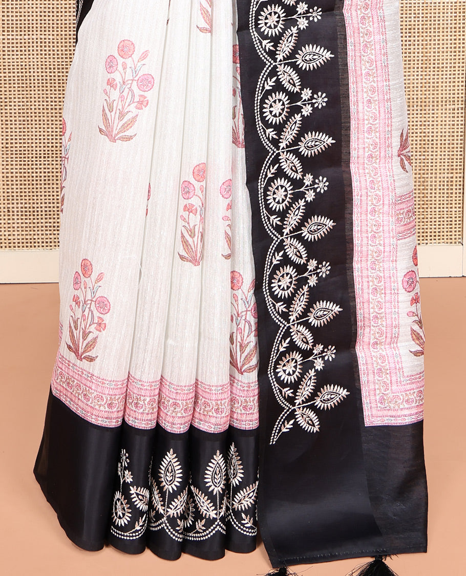 Black Green-Silk Saree, Adorned with Floral Motifs, Block Print on Its Body, Complemented by a Contrast Thread Embroidered Border, Pallu of Floral Block Print, and Paired with a Contrast Blouse