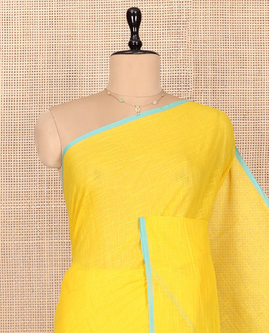 Yellow Geometric Printed Andhra Cotton Saree, a Contrast Piping Border, Striped Pallu, and a Contrast Blouse