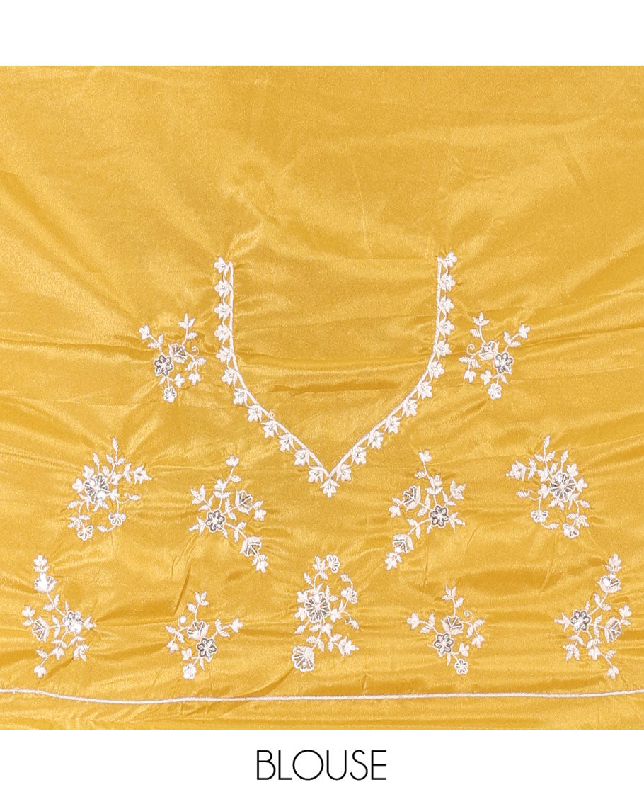 Mustard Plain Satin Crepe Saree, Accentuated with Floral Vine Thread Embroidery on Its Border, a Self-Pallu, and Paired with a Matching Blouse