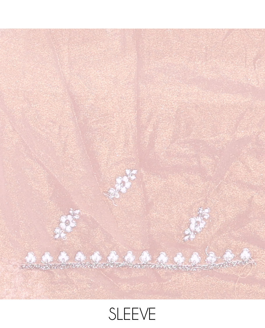 Dusky Pink Shimmer Chiffon Saree, Artfully Detailed with Floral Embroidery on Its Body, Scallop Floral Embroidery Border, a Self-Pallu, and Paired with a Matching Embroidered Blouse