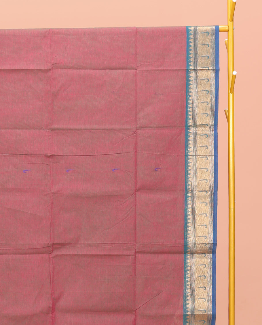 Pink Dual-Toned Chettinad Cotton Saree, Steeped with Muniya Buttas On Its Body, Complemented by a Contrast Traditional Muniya Border, Pallu of Stripes, and Paired with a Matching Blouse
