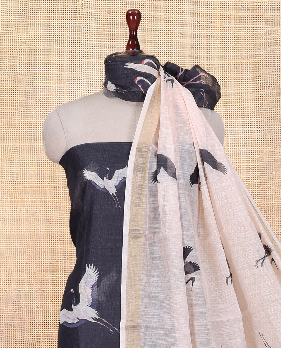Black Semi-Linen Material Churidar, Adorned with Heron Motifs Top, a Plain Santoon Bottom, a Contrast Heron Dupatta