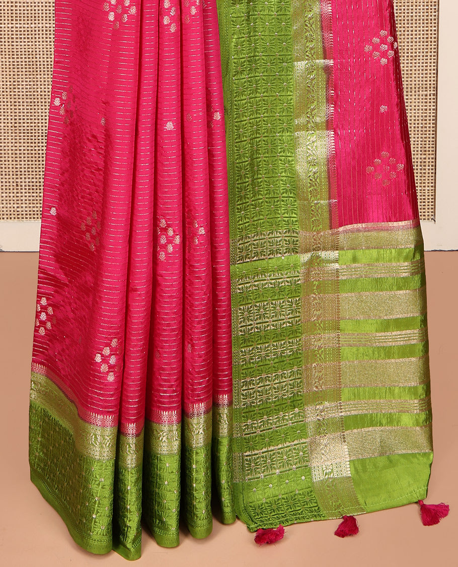 Pink Semi-Banaras Dupion Saree, Detailed with Zari Buttas and Stripes, Complemented by Contrast Traditional Border, Zari Striped Pallu, and a Contrast Blouse