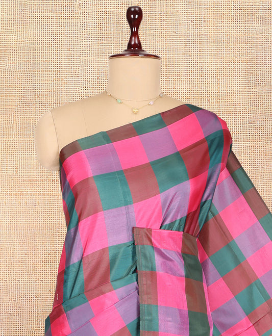 Borderless Multi-color Checked Banana Pith Saree, a Contrast Pallu of Buttas and Stripes, and a Contrast Blouse