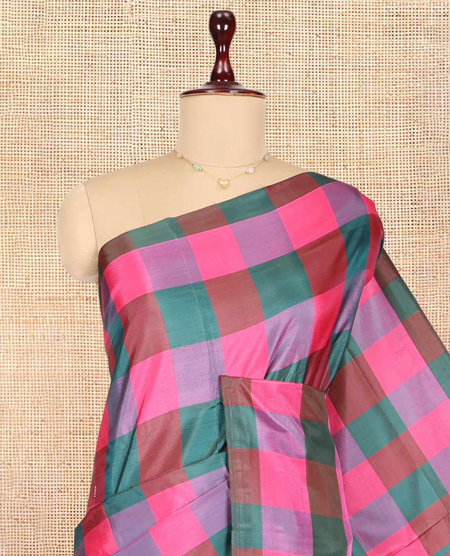 Borderless Multi-color Checked Banana Pith Saree, a Contrast Pallu of Buttas and Stripes, and a Contrast Blouse