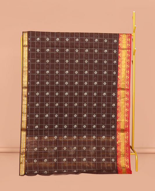 Brown Venkatagiri Cotton Saree, Finely Crafted with Butta-Enclosed Checks, a Contrast Floral Creeper Zari Border, Peacock Butta Pallu, and No Blouse