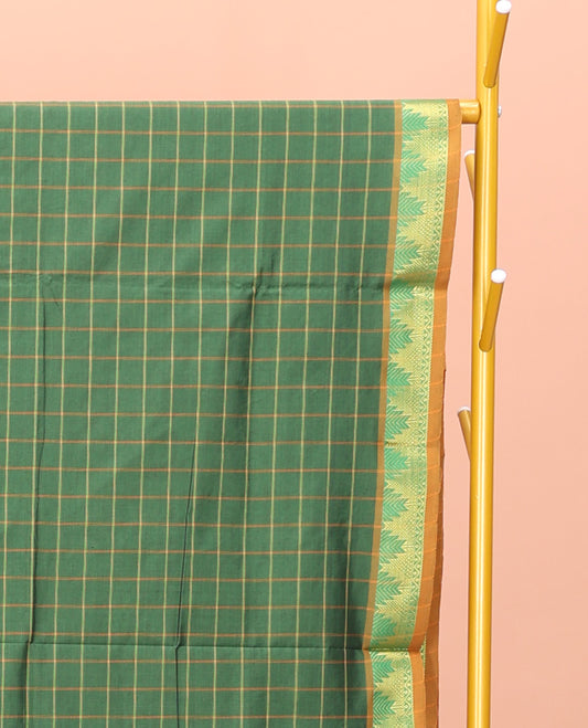 Green Poly Cotton Saree, Accentuated with Checked Design on Its Body, Highlighted by a Temple Border, Complemented by Contrast Striped Pallu, and Paired with a Contrast Blouse