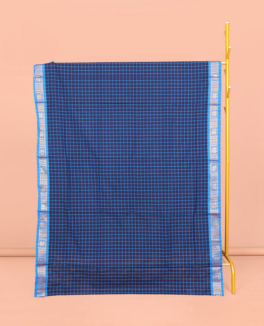 Blue Chettinad Cotton Saree, Finely Crafted with Checks, Contrast Traditional Design Border, Striped Pallu, and No Blouse