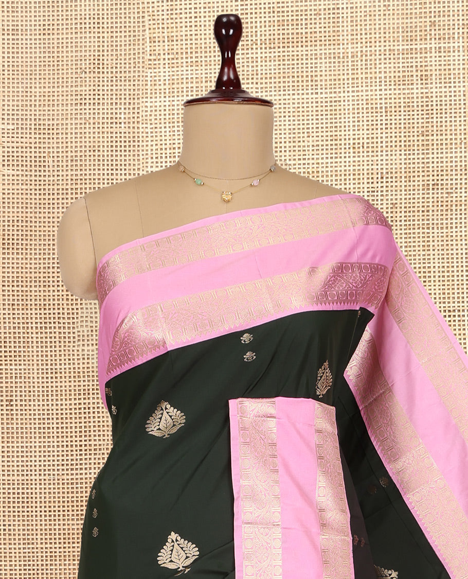 Bottle Green-Light Pink Zari Buttas Budget Silk Saree, Contrast Rettai Pettu Border, Grand Pallu, a Contrast Blouse