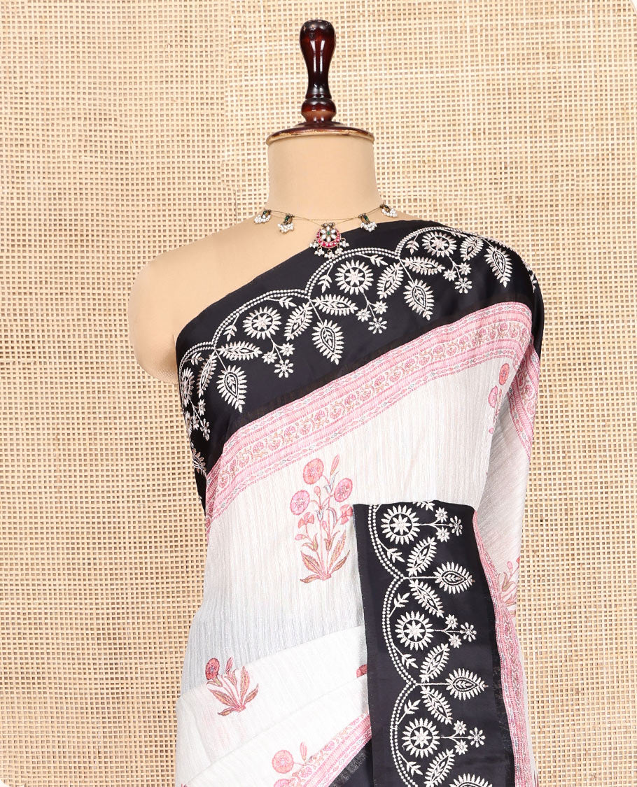 Black Green-Silk Saree, Adorned with Floral Motifs, Block Print on Its Body, Complemented by a Contrast Thread Embroidered Border, Pallu of Floral Block Print, and Paired with a Contrast Blouse