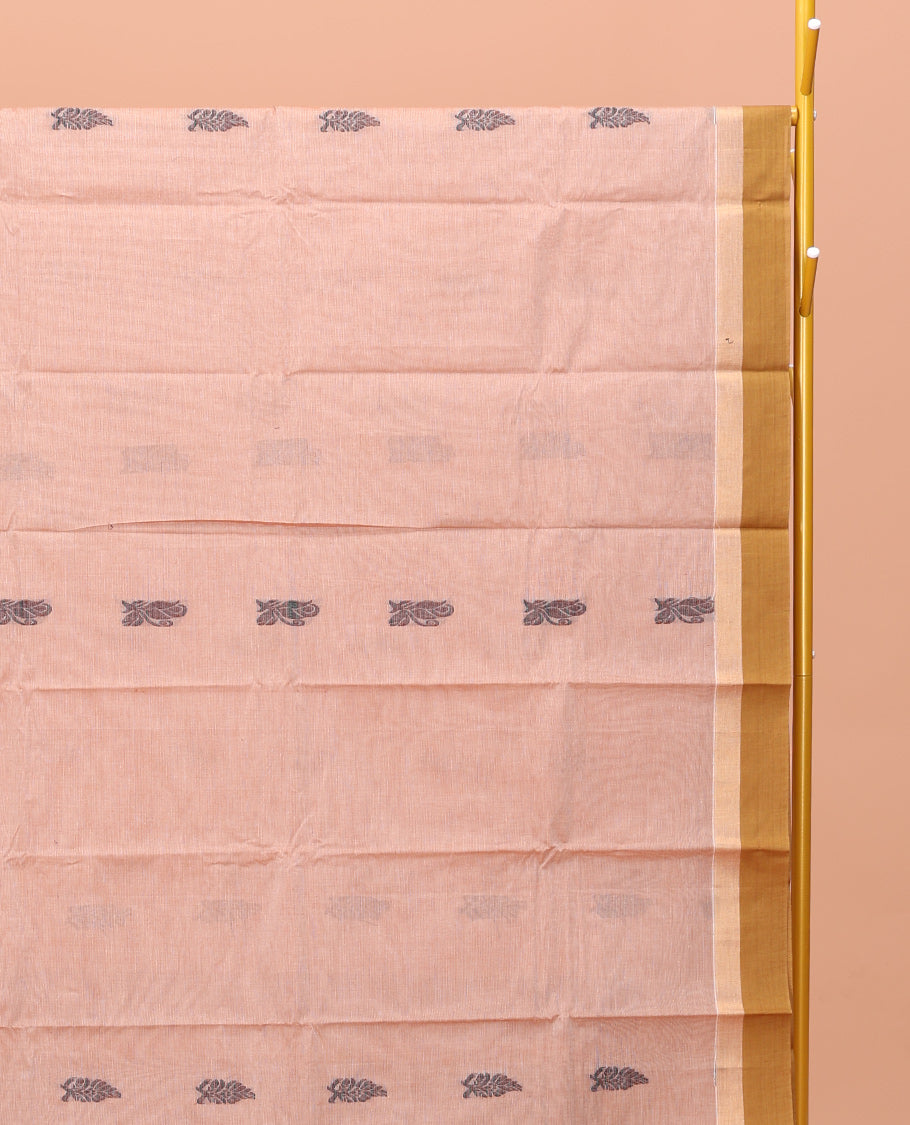 Pale Pink Kanchi Cotton Saree Features Thread Buttas on Its Body, Complemented by a Contrast Border, Floral-Design Pallu, and a Matching Blouse