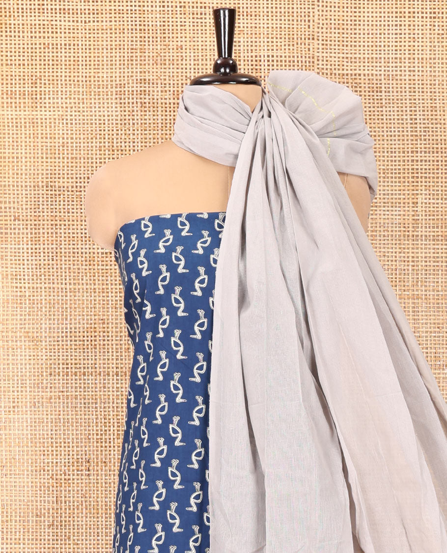 Blue Handloom Cotton Material Chudidar Set, Subtly Adorned with Bird Motifs All Over Its Body, Complemented by Contrast Plain Bottom, and Paired with a Contrast Dupatta