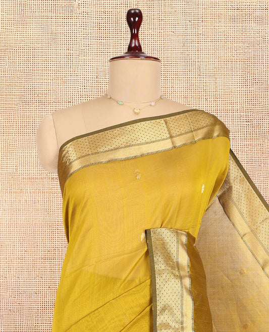 Yellow Maheshwari Cotton Saree, Bedecked with Zari Buttas, a Contrast Traditional Zari Border, Zari Striped Pallu, and a Matching Blouse