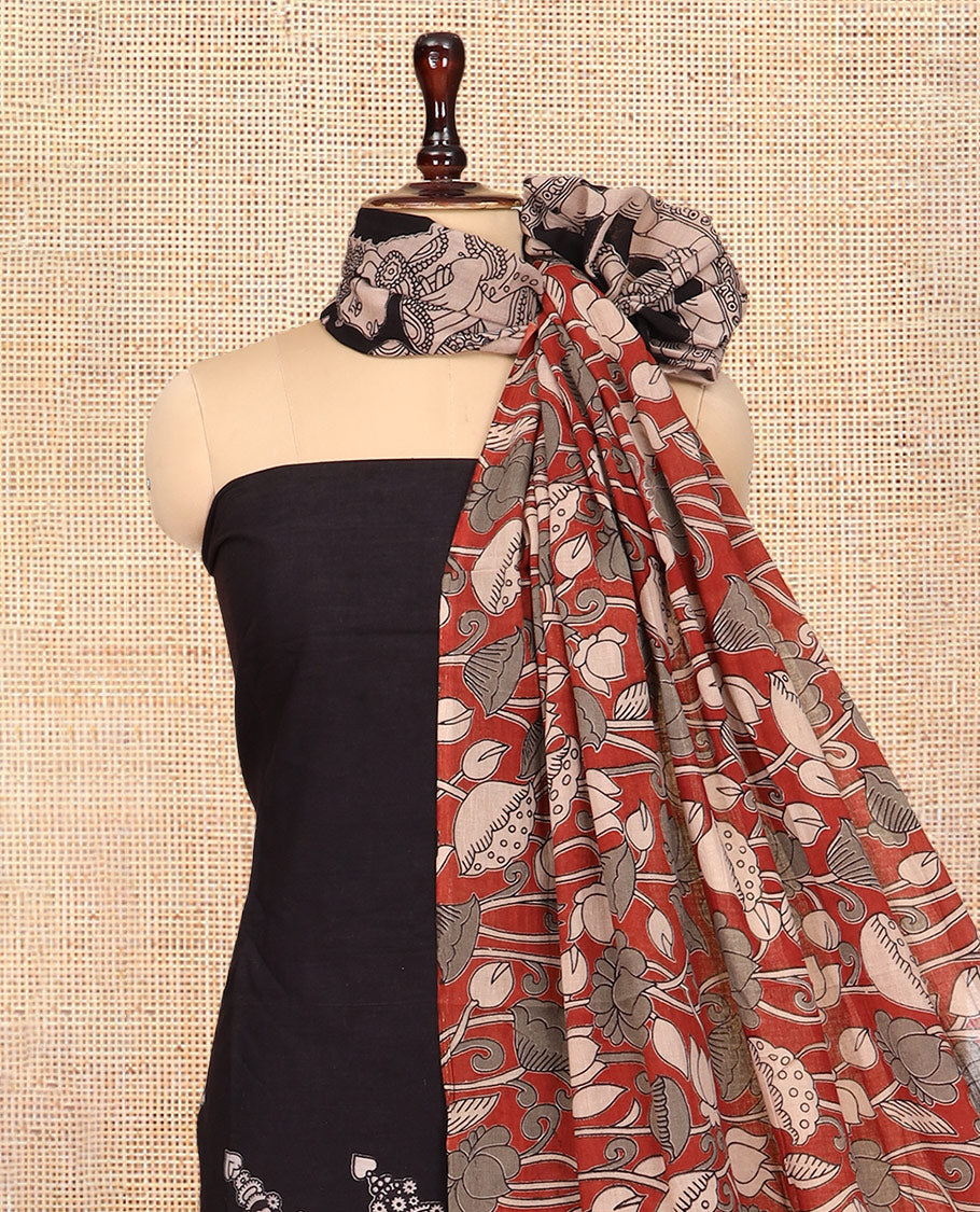 Black Cotton Material Churidar Features Kalamkari Printed Top, a Plain Bottom, and a Kalamkari Printed Dupatta