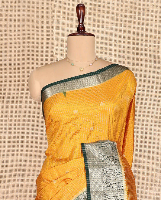Yellow Dupion Silk Saree, Spotlighted with Zari Buttas and Micro-Checks, Contrast Traditional Zari Design Border, Zari Striped Pallu, and a Contrast Blouse