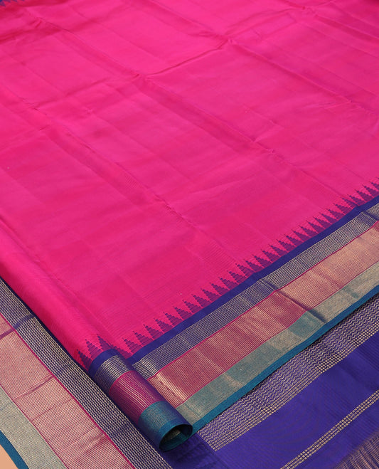 Pink Plain Bangalore Silk Saree, Complemented by a Contrast Temple Border, Pallu  of Geometric Designs, and a Contrast Blouse