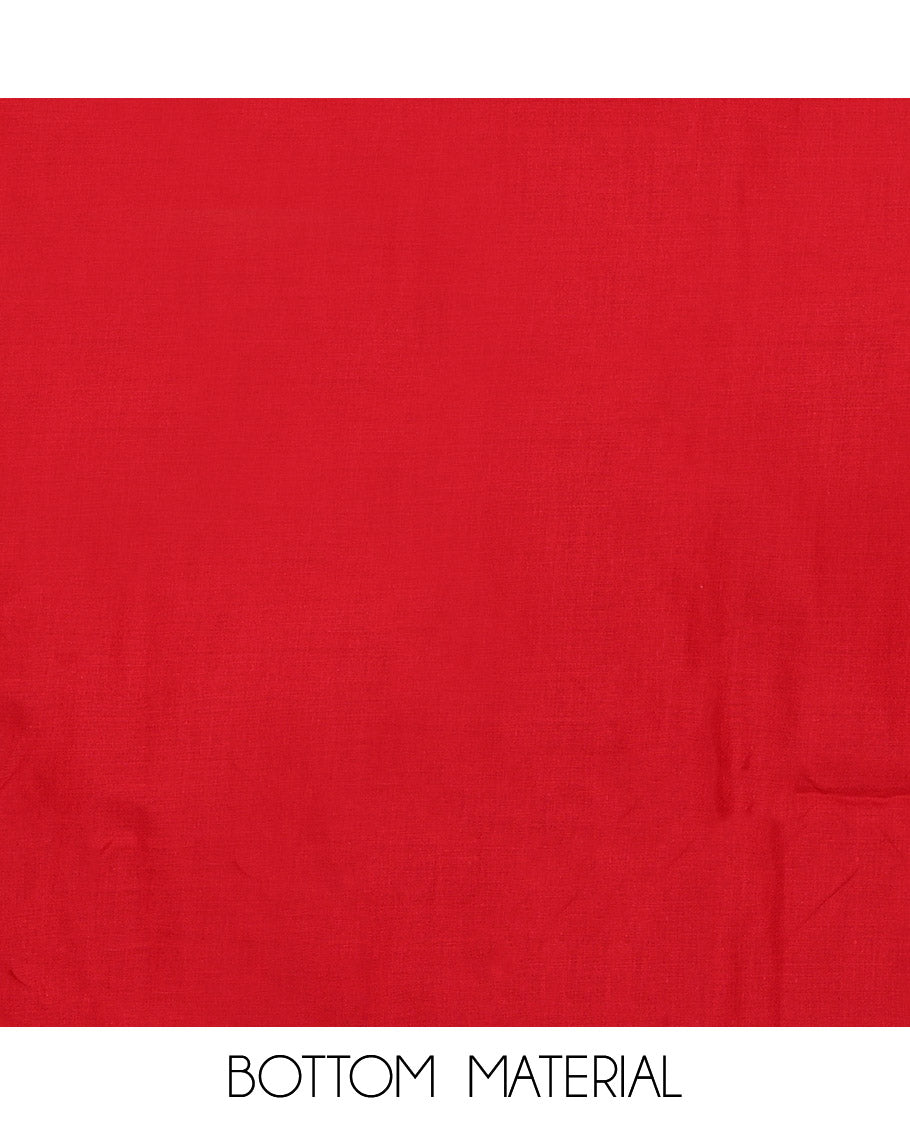 Red Material Chudidar Set, Decked Up with Floral Print and Neck Embroidery on Rayon Top, a Plain Rayon Bottom, and Paired with a Matching Embroidered Chanderi Silk Dupatta