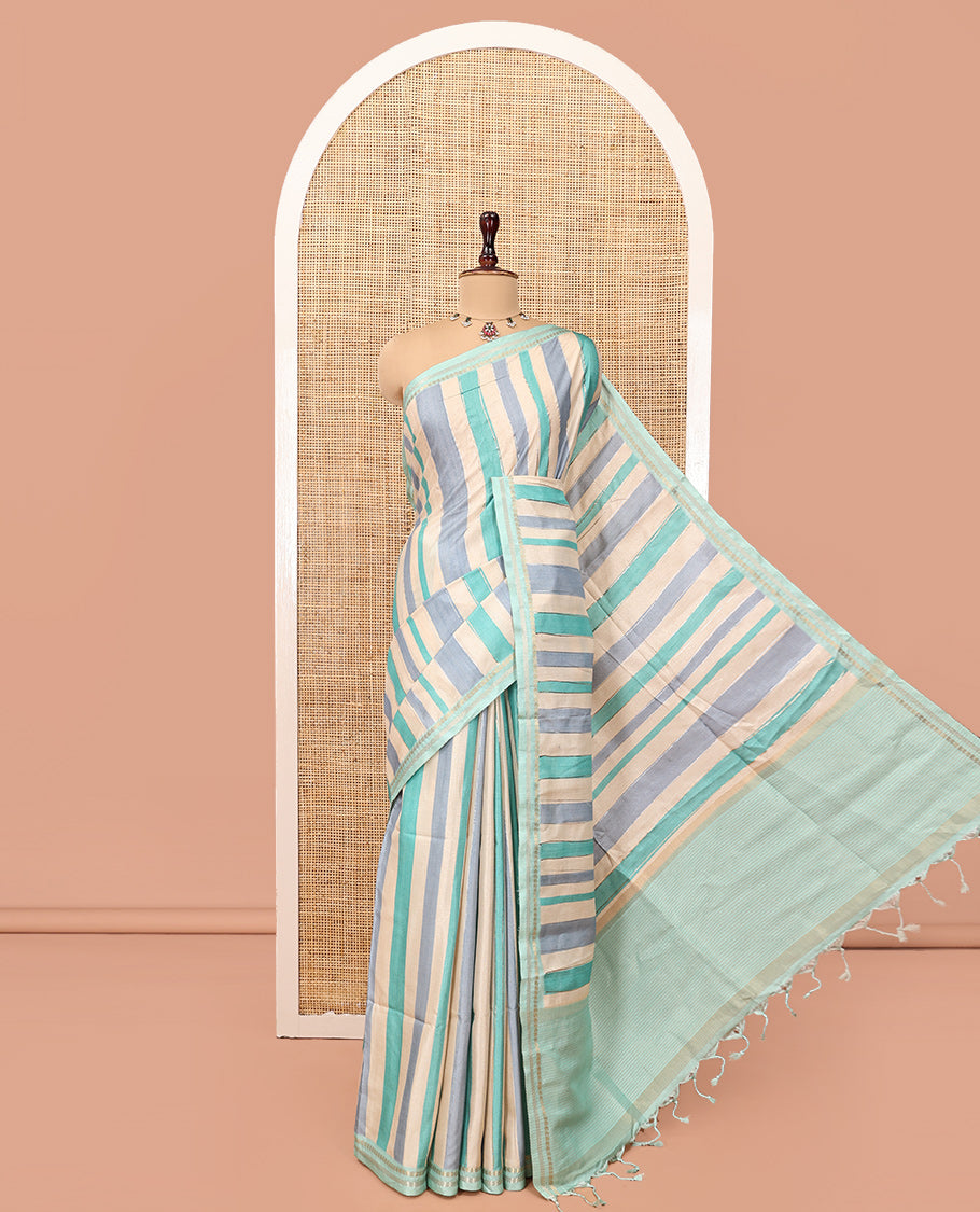 Chikku-Rama Blue Fancy Tussar Silk With Stripes, Zari Border, Pallu, and Blouse