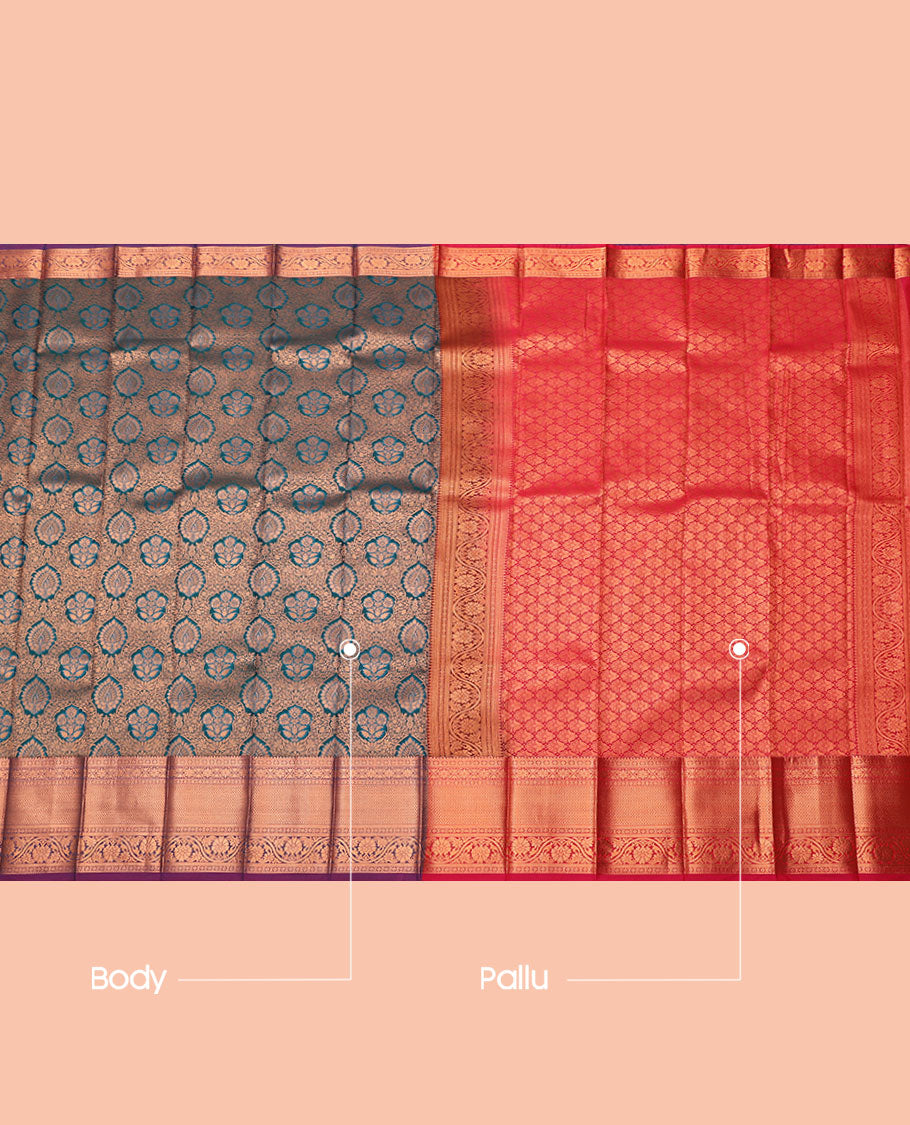 Blue Budget Silk Saree, Ornamented with Jacquard, Complemented by Contrast Traditional Zari Border, Intricate Pallu, and a Contrast Blouse