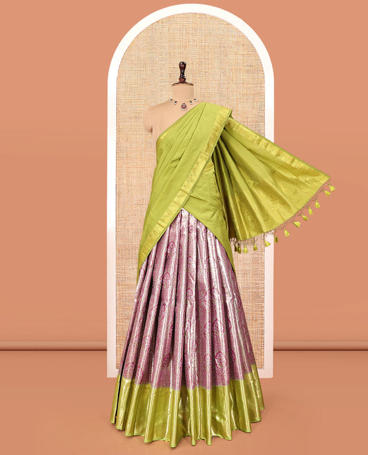 Rosewood Pink Art Silk Material Half Saree Set, Decked Up with Jacquard Design Skirt, a Contrast Traditional Design Border, Contrast Blouse, and an Intricate Dhavani