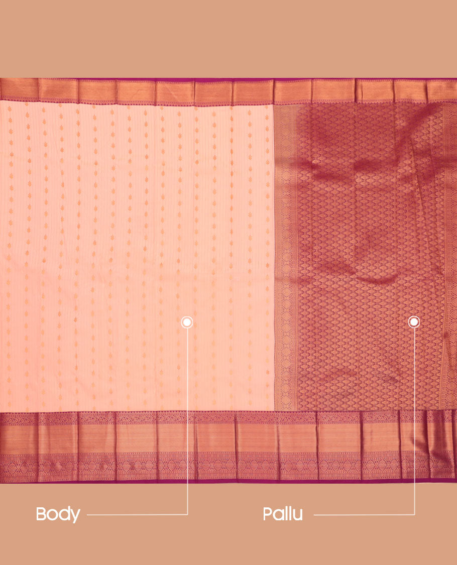 Peach Budget Silk Saree, Featuring Stripes All Over Its Body, Complemented by a Contrast Traditional Zari Design Border, Grand Pallu, and Paired with a Contrast Blouse