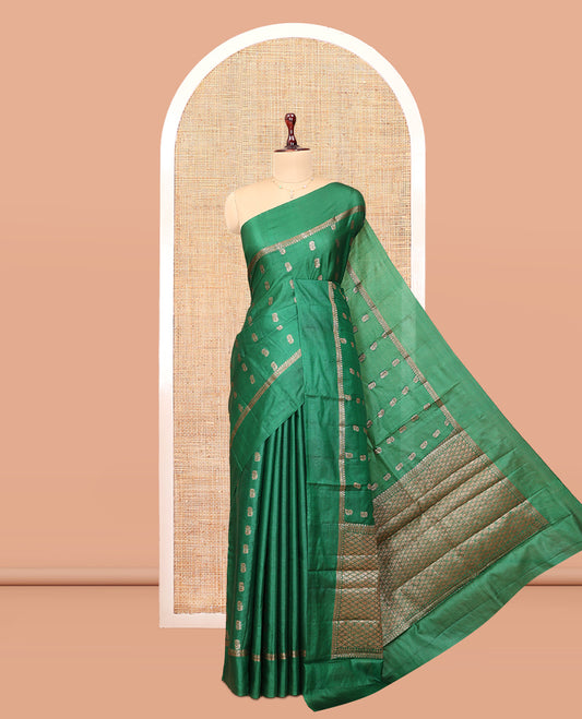 Green Tussar Silk Saree, Elevated with Zari Buttas, a Traditional Zari Border, Jaal Pallu, and a Contrast Blouse